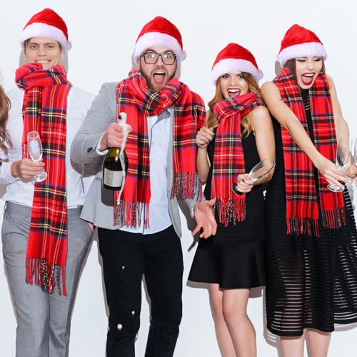 Coume 8 Pcs Christmas Santa Hat and Scarf Set Buffalo Plaid Scarfs Velvet Christmas Hat 6