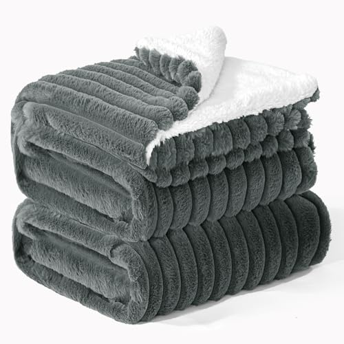 BEDELITE Kuscheldecke Flauschig Decke Groß - Dicke XXL Sherpa Decken Grau 220x240 für Bett, warme Cord Kuscheldecken weiche Fleecedecke Wohndecke...