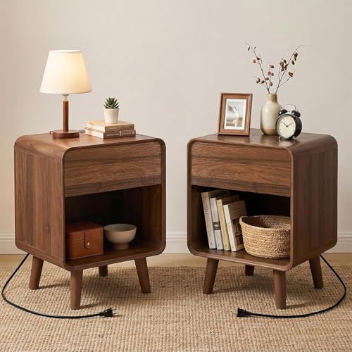 Image of Nasonet Mid Century Modern Small Nightstands Set of 2 with Charging Station, Curved Nightstand with Drawer Wood End Table Bedside Table for Bedroom, Walnut