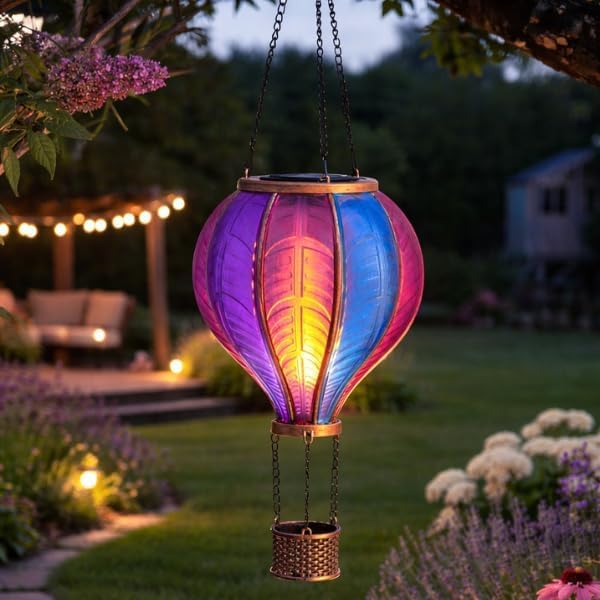 Garden Mile Solar Hot Air Balloon Hanging Lantern with Flickering Flame Effect (62cm Rainbow Hot Air Ballon) — image 1