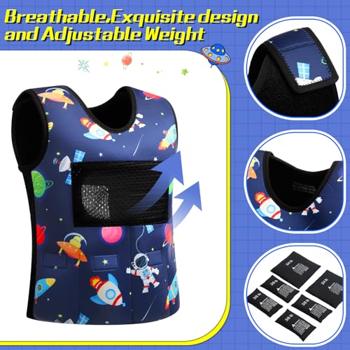 Image of Janmercy Weighted Vest for Kids Ages 2 to 9 Adjustable Neoprene Compression Vest Removable Weights Breathable Comfort Toddler(Rocket,Medium,Dark Blue)