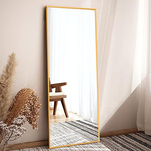 Image of NeuType 47 inchx16 inch Full Length Mirror with Standing Holder Aluminum Alloy Frame Floor Mirror Wall-Mounted Mirror for Living Room, Bedroom, Hanging or Leaning Against Wall, Golden (with Stand)