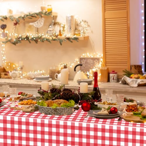 Image of WNINK 3 Pack Red Gingham Tablecloth Rectangular Red and White Checkered Tablecloths Disposable Plastic Red Plaid Table Cover for Parties, Christmas, Outdoor Picnic, Birthday, Wedding, Camping 54 x 108