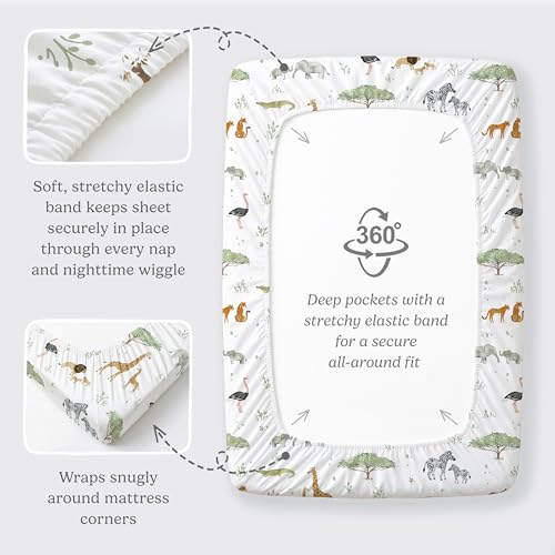Image of Pack and Play Sheets Fitted, Mini Crib Sheets for Graco Pack N Play Playard (38x26), Ultra Soft Organic Cotton Blend, Safe & Snug Playpen Mattress Sheet for Baby Boys & Girls, Safari Adventure, 2-Pack