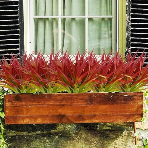 Phliofd 32Pcs Artificial Grass Fake Plants 17.3in Outdoor Plants UV Resistant Greenery Stems Fake Grass for Home Window Garden Office Patio Pathway Front Porch Décor Light Green & Red