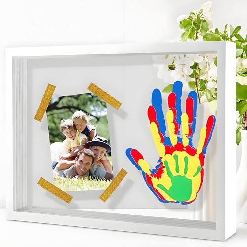 Hzorille Horizontal Family Handprint Kit Landscape 3D Floating Keepsake Frame Non-Toxic Paint Baby Shower & New Parents Gift (White)