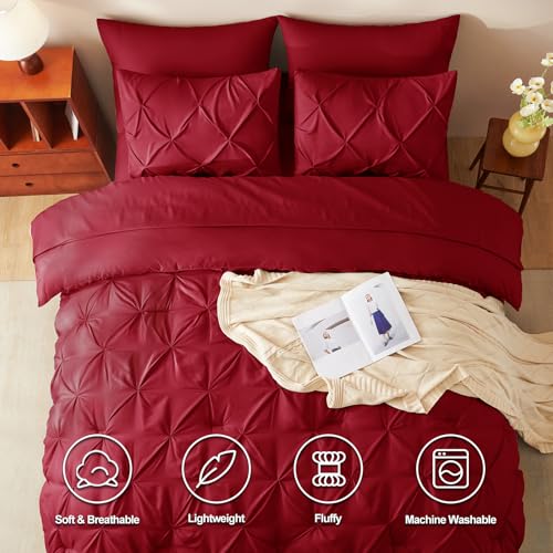 CozyLux Queen Comforter Set Dark Red, 7 Pieces Pintuck Bed in A Bag, Premium Red Comforter Queen Size, Pinch Pleat Bedding Sets with Comforter, Sheets, Pillowcases & Shams