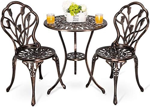 HOMEFUN Bistro Table Set, Outdoor Patio Set 3 Piece Table and Chairs, Tulip Carving and Weather Resistant-Antique Bronze