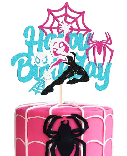 Glitter Spider Happy Birthday Cake Topper For Spider-Girl Superhero Theme Birthday Party Decor For Spider-Girl Happy Birthday Cake Topper For Girls Women Birthday Party #TOP4