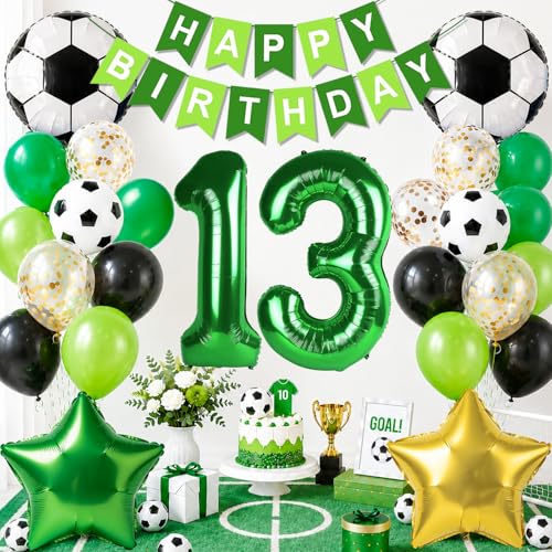 OIWLCI Soccer Birthday Party Decorations, Green Number 13 Balloon, Black and White Soccer Balloons, Happy Birthday Banner for Football Party Decorations (Green, Number 13)
