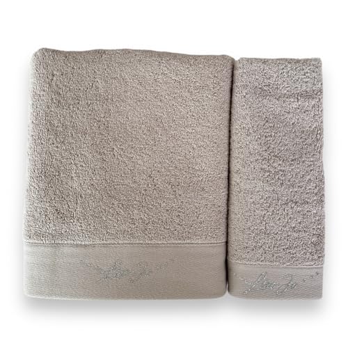 Liu Jo Milano Set Asciugamani Art. Happy in Spugna 100% Cotone – Asciugamano Viso 55x100 e Ospite 38x58 – Logo Lurex – In Scatola (Tortora)