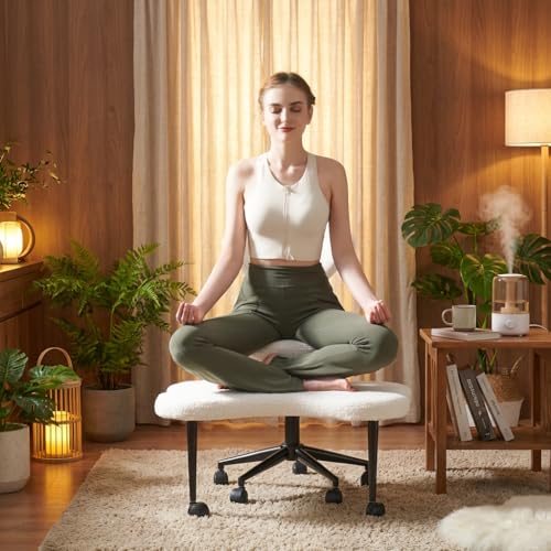 Image of Pinmoco Cross Legged Office Chair with Wheels, Teddy Fabric Criss Cross Chair for ADHD, 360 Swivel Adjustable Height Meditation Desk Chair with Lumbar Support for Home Office, Off White