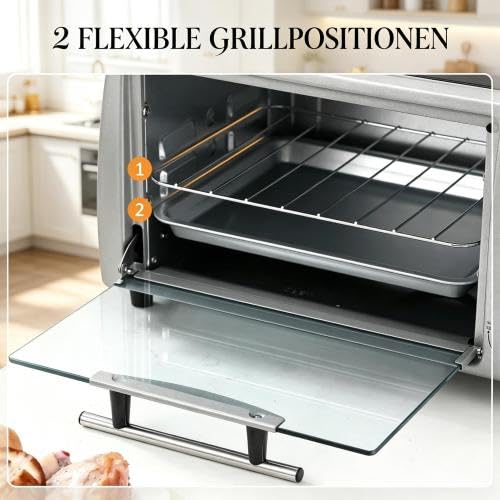 Mini Backofen 10 L ohne Umluft, kleiner Ofen für 2, 100-230°C, Timer | Mit Glasfenster & 2 Ebenen, herausnehmbare Krümelschublade, spülmaschinenfeste Teile, extra kompakt für kleine Küchen