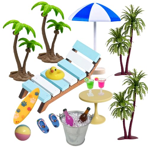 Golgner 18 Pcs Miniatur Deko Sauna Zubehör, Strand Mikrolandschaft, Strand Deko Miniatur Set, mit Mini Strandkorb Korb Hausschuhe Badetuch Kokosnussbaum, für DIY Puppenhaus Dekoration, Geschenkidee