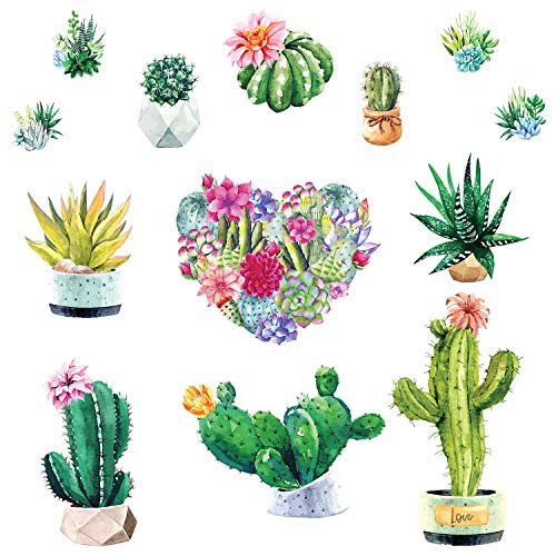 Cactus Stickers Muraux Coeur Aquarelle Fleurs Stickers Maison Plante Autocollant Mural pour Salon Chambre Décor intérieur Coin