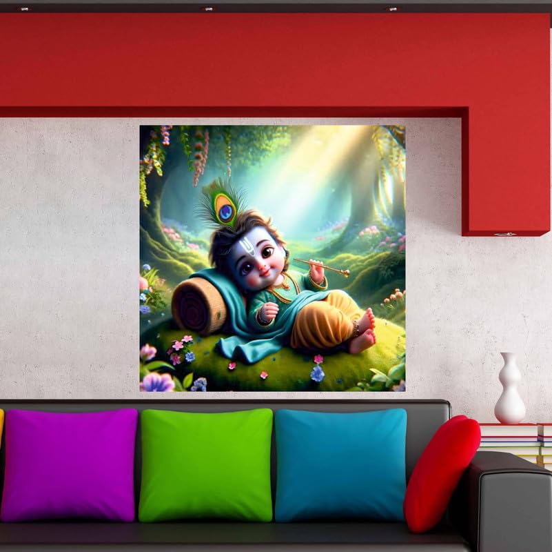 Image of British Terminal Cute little Bal Gopal Baby God Krishna| Kanha Ji | Laddu Lord Makhan Chor Painting Religious Poster for Pregnant Women for wall (matt thin vinyl,sticker,multicolor,unframed)| bj59
