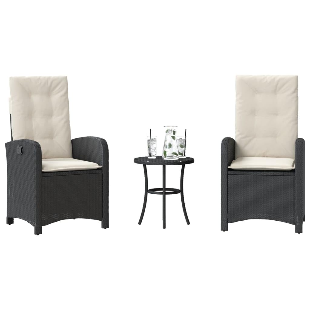 Set da 3 pezzi da balcone in polyrattan nero con schienale regolabile e cuscino imbottito spesso, rivestimento sfoderabile, telaio in acciaio verniciato a polvere per giardino