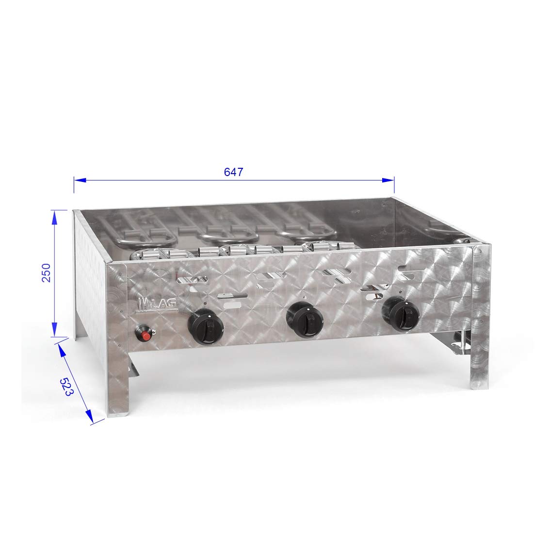 Gasgrill 3-flammiger Edelstahl-Brenner 11kW fahrbar mit Grillrost und Abstellplatten, Grillwagen, Gastrobräter Profigrill Verein