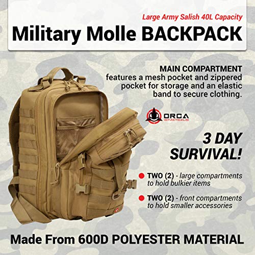 Orca Tactical SALISH 40L MOLLE Army Military Backpack Bug Out Bag Rucksack Assault Pack (Black)