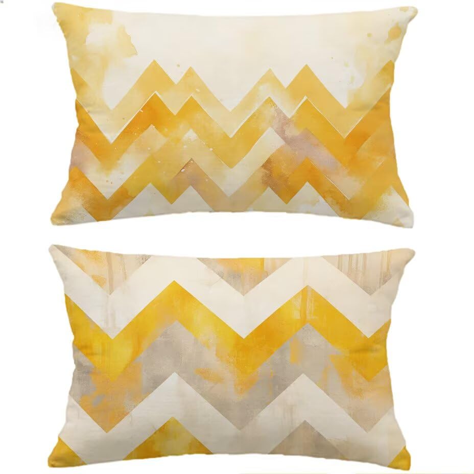 Housse de coussin extérieur 70x90 cm lot de 2 jaune imperméable aspect lin M-P55 pour jardin