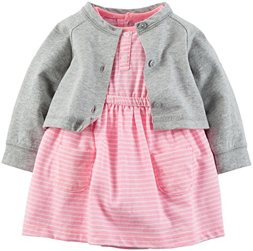 Carter's Baby Girls' 2 Piece Dress, Floral, and Legging Sets, Grey/Pink Stripes, 6 Months
