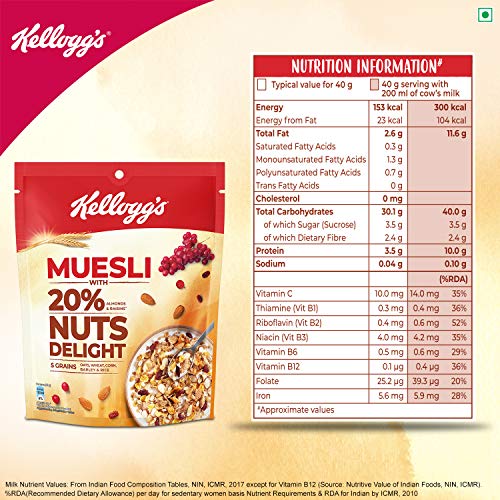 Image of Kellogg's Muesli 20% Nuts Delight|Breakfast Cereal|High In Iron|High In Fibre|Naturally Cholesterol Free|240G Pack