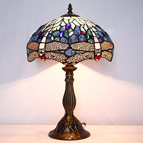 Image of WERFACTORY Tiffany Table Lamp Blue Stained Glass Dragonfly Style Desk Light