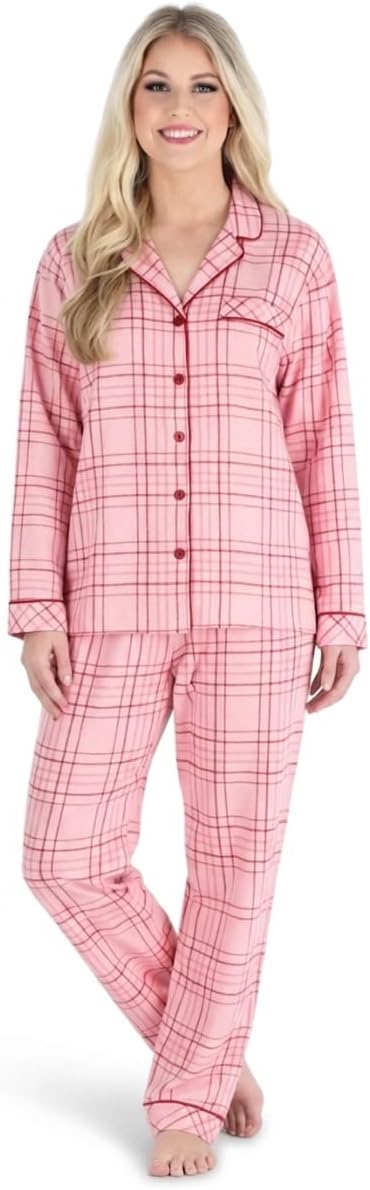 PajamaMania Women's Cotton Flannel Long Sleeve Button-Down Pajamas PJ Set