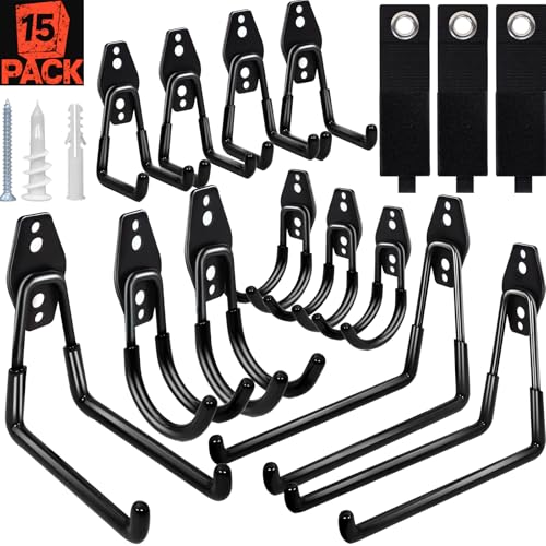 SBGGRL 15pcs Garage Storage Wall Hooks - Heavy Duty Garage Hooks for Hanging Yard Tools Ladders Bikes Power Hose Shovel Metal Shed Hangers Organizer System