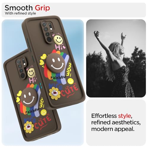 Image of Pikkme Back Cover for Redmi 9 Prime /Poco M2 | Soft Silicone| Cute Rainbow Smile & 3D Cartoon Flower Design | Shockproof Raised Camera Protection Bumper Case (Brown)