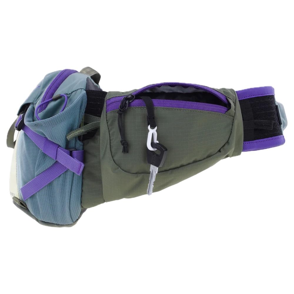 EVOC HIP PACK PRO 3 + HYDRATION BLADDER 1,5, torba biodrowa (AIR FLOW CONTACT SYSTEM, w zestawie bukłak o pojemności 1,5 l i uchwyt na butelkę, jeden rozmiar), stalowo-fioletowo-ciemnooliwkowa