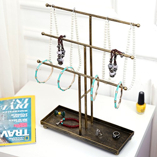 Mygift Modern Jewelry Organizer, 3 Tier Brass Metal Tabletop Bracelet And Necklace Jewelry Storage Display Tree Rack With Base Ring Tray #TOP1