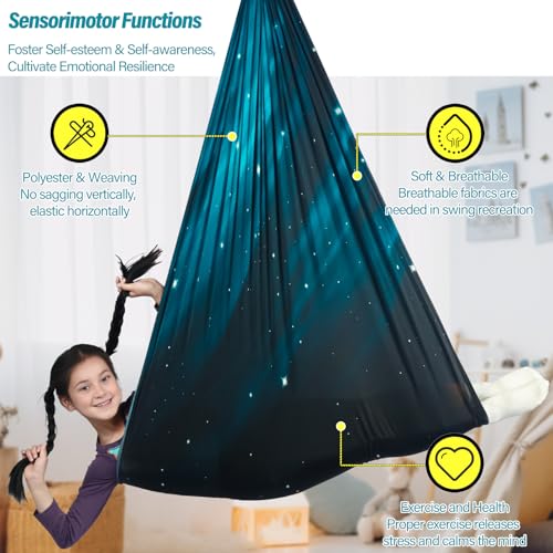 HiChrote Sensory Swing for Kids Holds up to 300lbs Indoor & Outdoor Therapy Cuddle Swing with Hammock Hooks Hanger Kit for Calming, Effect for Autism, ADHD or SPD. (Space Teal) - Image 5