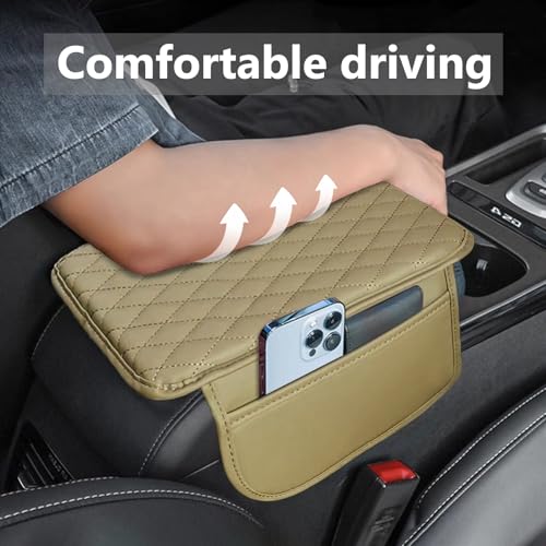 Car Center Console Cover Leather Armrest Cover Cushion with 2 Storage Bags Universal Car Armrest Seat Box Pad Interior Accessories Protector for Most Vehicle (Beige)