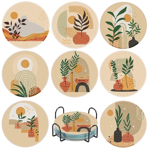 8 Pcs Bohemian Style Diamond Painting Coasters Kits for Adults, Abstract Landscape Diamond Art Coasters for Beginners with Holder, Small Diamond Painting Kits for Adults Art Craft Supplies