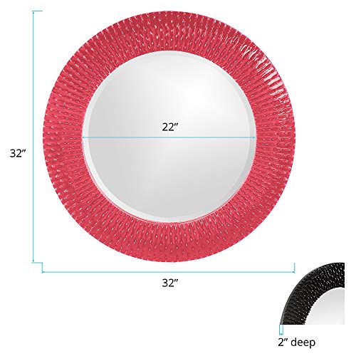 Image of Howard Elliott Collection Bergman Round Wall Mirror, Textured Ribbed Frame, Decorative Accent Mirror for Entryway, Bathroom or Bedroom, Ready to Hang, 32H x 32W x 1D, Glossy Hot Pink