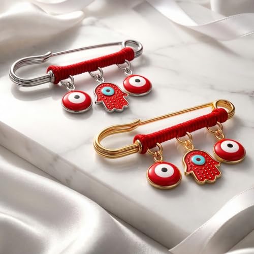 Image of 18K Gold Plated & Silver Tone Red Hamsa Protection Charm Pin - Evil Eye Jewelry for Women, Babies, Infants & Toddlers - Hamsa & Evil Eye Symbol Charm - Red String Lucky Amulet for Good Luck - Fits Stroller & Blanket, 1.5 Inch