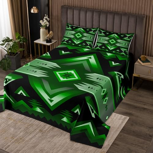 jejeloiu Boho Aztec Bedspread Twin Size Kids Farmhouse Western Exotic Style Green Coverlet Set for Boys Girls Teens Tribal Native American Indian Quilted Coverlet Room Decor