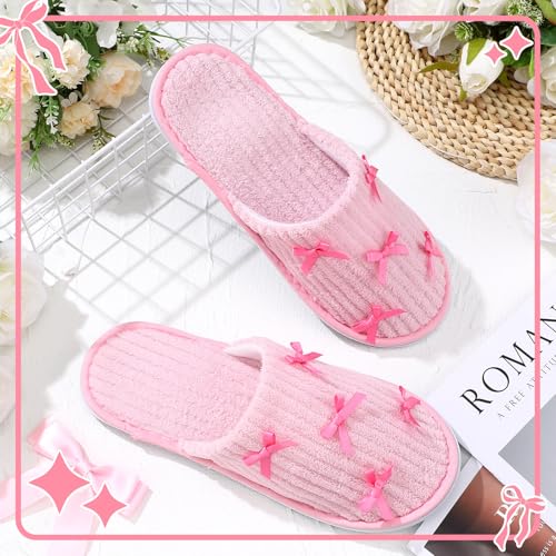 Cute Bow Slippers for Women Coquette Pink Bridesmaid Plush Non-slip Preppy Slipper Wedding Bride Party Gift Comfortable Reusable for Bachelorette Party Bathroom Bedroom Holiday Travel4