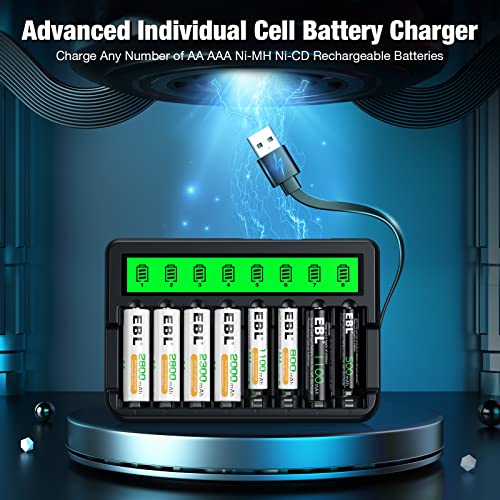 EBL Rechargeable AA Batteries 8 Pack and Battery Charger with Built-in Charging Cable, 2300mAh Ni-MH Duable A Rechargeable Batteries and 8-Bay LCD Smart Battery Charger