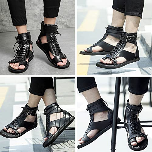 UGOSELEC Men's Leather Gladiator Sandals Roman Sandals,Casual Non-slip Breathable Lace Up Buckle Versatile High Top Beach Shoes4