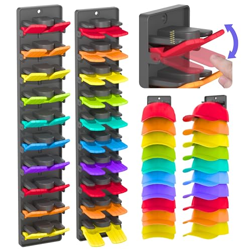 BRUBEQO Hat Organizer for Baseball Caps 2 Packs with Built-in Spring Clips - Wall Mount Closet Hat Rack Holder, Adjustable Storage for Door/Closet Display Hat Racks Hanger (Strong Adhesive & Screws)
