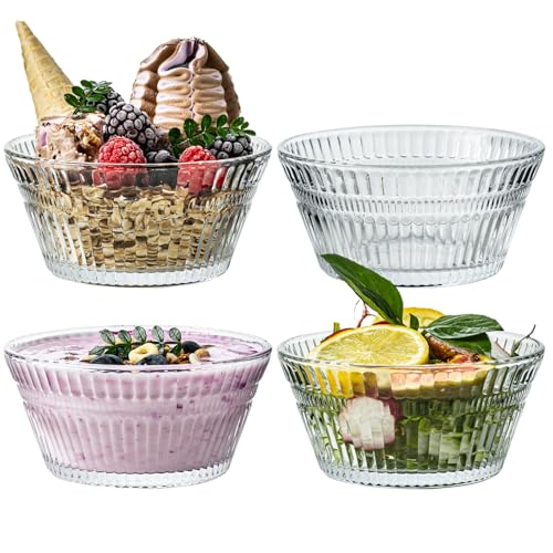 JGKYLDZ Vintage Glass Dessert Bowls 11oz Sundae ice cream Bowl Thickened Lead-Free Glass Bowls for Ice Cream Fruit Yogurt Oat Pudding Appetizers & Party Snacks (4)