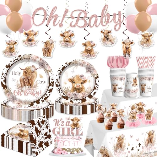 Xynic 174pcs Highland Cow Baby Shower Decorations Tableware Serves 25 Guests Cow Baby Shower Decorations includes Banner Cake Topper Plates and Napkins etc for Girls Highland Cow Theme Party