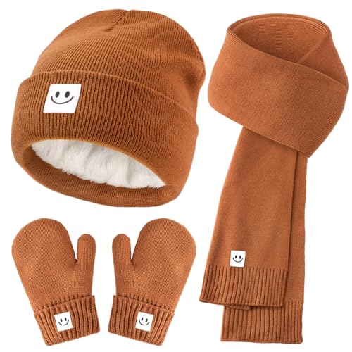 Toddler Baby Beanie Mittens Scarf Set, Knit Warm Winter Hat for Boys Girls Kids Cap Gloves Neck Scarf Fleece Lining
