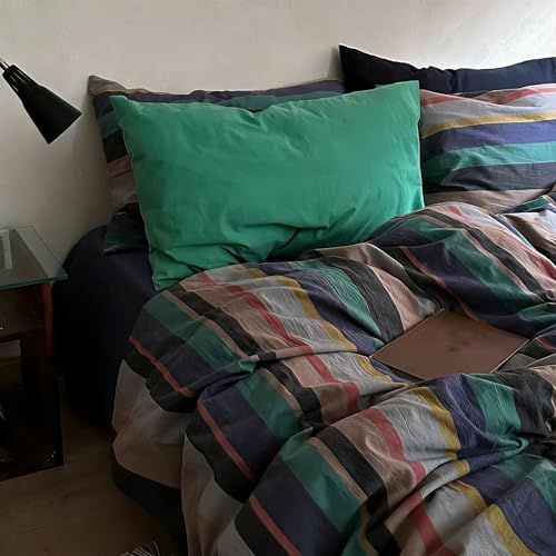 Image of mixinni Vintage Striped Duvet Cover Full 100% Washed Cotton Bedding Set Retro Mid Century Modern Striped Duvet Cover with Zipper Closure Corner Ties for Kids Teens Dorm
