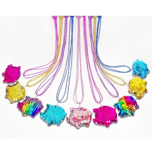 CiciBear 15 Pack Double-Deck Pig Sequin Necklace Party Favors with Mardi Gras Beads for Pig Party, Farm Themed Party Supplies, Festivals, Wedding, Birthday Celebrations, 5 Colors