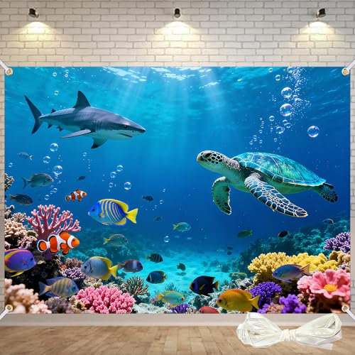 Under The Sea Backdrop 7x5FT Ocean Underwater Background with 32.8FT Ribbon Double-Stitched Photo Backdrop with 4 Brass Grommets for Baby Shower Birthday Party Decorations