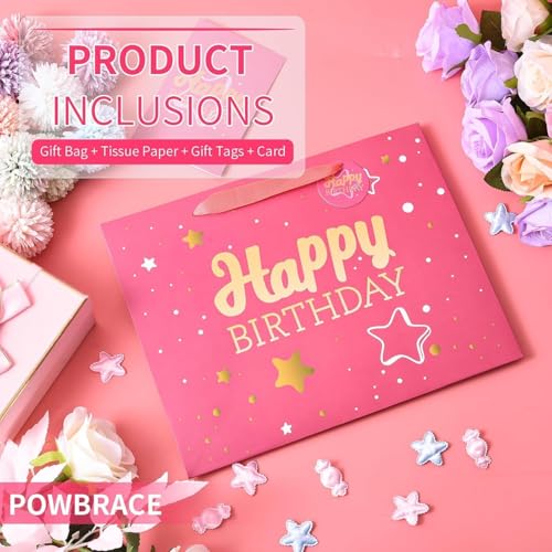 Image of Powbrace 16 inch Pink Happy Birthday Gift Bag with Tissue Paper and Greeting Card for Party,Happy Birthday Gift Bag for Men Women,Gift Bags Extra Large(2 PCS Pink Hot Stamping)