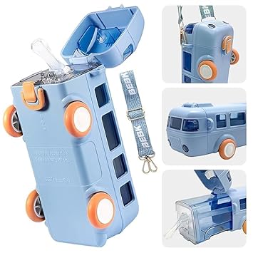 Water Bottle For Kids, Bus Shape Car Water Bottle with Straw For Kids, Portable Kid Water Cup with Shoulder Strap, Cute Car Water Bottles with Movable Wheels